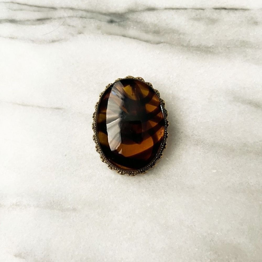 Vintage Original by Robert Tiger Glass Brooch Pendant | Brown Oval‎ Glass Pin